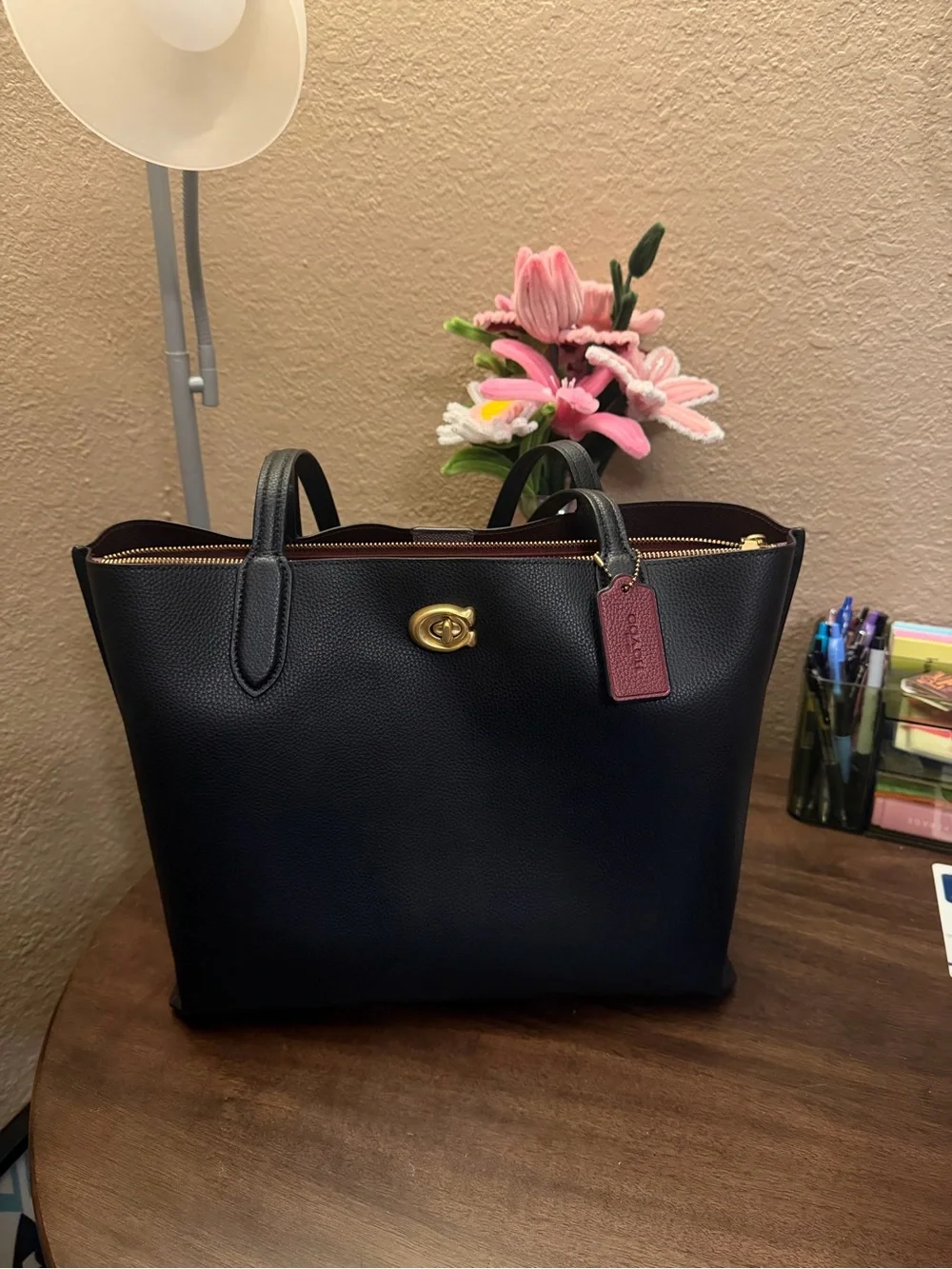 Coach Black Pebbled Leather Willow Tote with Burgundy Tag and Trim